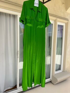 L'AGENCE Bright Green Silk Maxi Shirt Dress